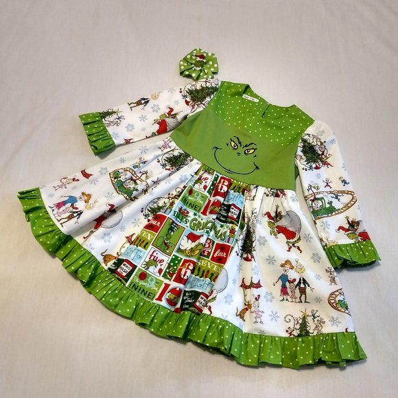 Grinch Dr. Suess Twirl Dress & Matching Hairbow - Picture 1 of 7